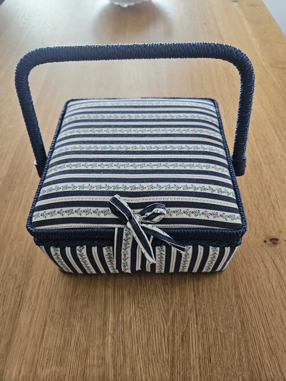 Striped Navy and Cream Floral Fabric Sewing Basket